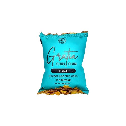 Turquoise bag of Gratia Chin Chin Flakes on a white background
